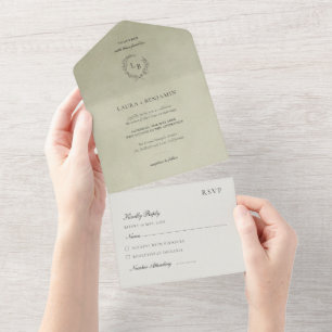Sage Green Velvet, Laurel Wreath Wedding All In One Invitation
