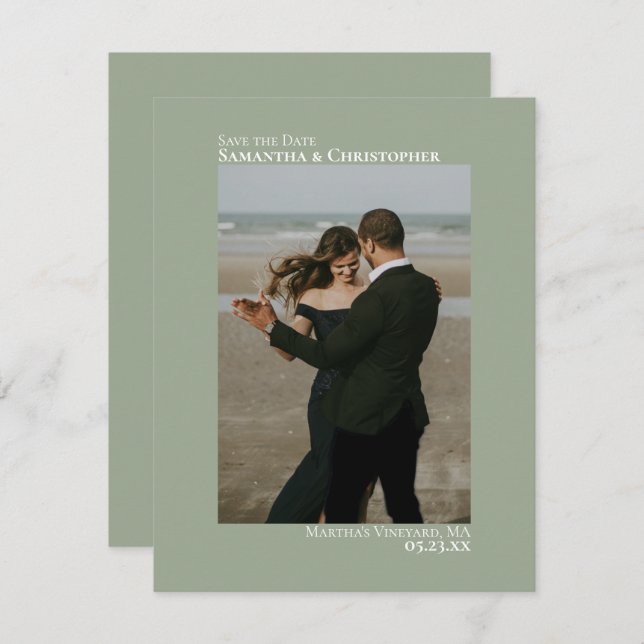 Sage Green Vertical Photo Minimalist Wedding Save The Date (Front/Back)