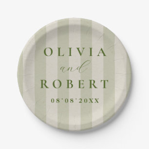Sage Green Vertical Stripes Minimalist Wedding Paper Plate