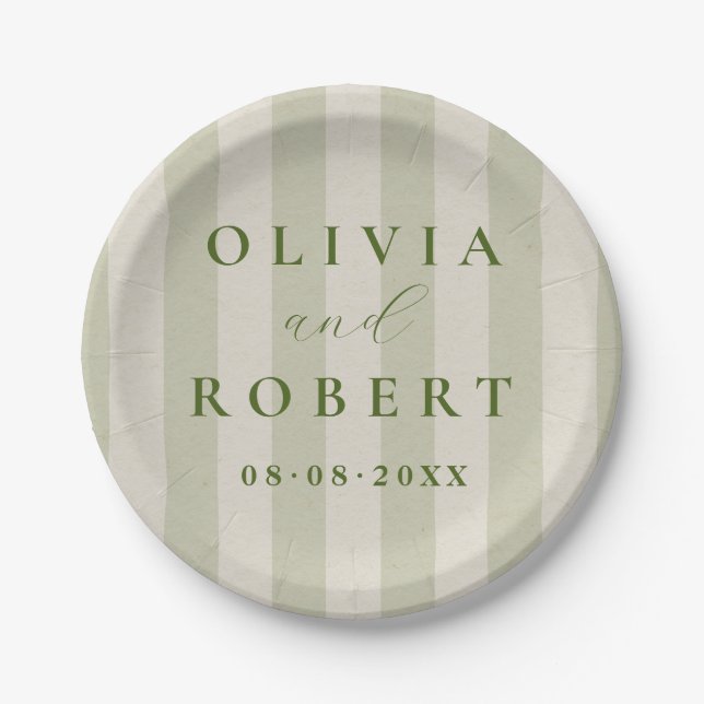 Sage Green Vertical Stripes Minimalist Wedding Paper Plate (Front)