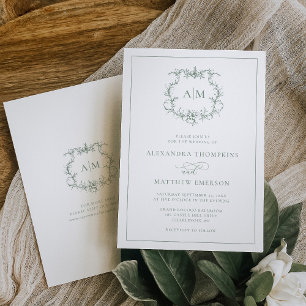 Sage Green Victorian Baroque Floral Crest Wedding  Invitation