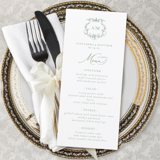 Sage Green Victorian Baroque Floral Crest Wedding Menu (Creator Uploaded)