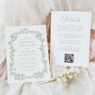 Sage Green Victorian Floral All in One Wedding Invitation