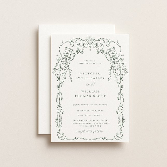 Sage Green Victorian Frame Wedding Invitation (Creator Uploaded)