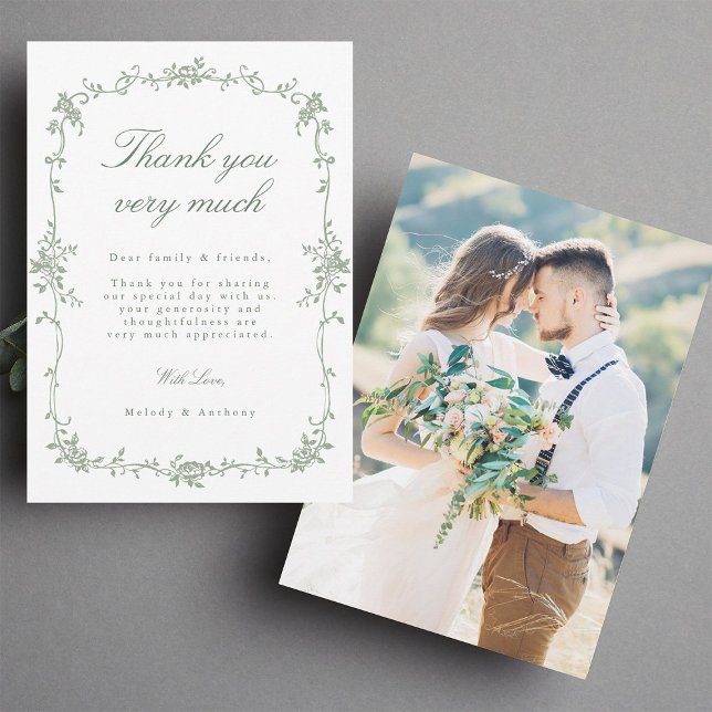 Sage Green Victorian French Floral Wedding Photo Thank You Card (Front & Back)