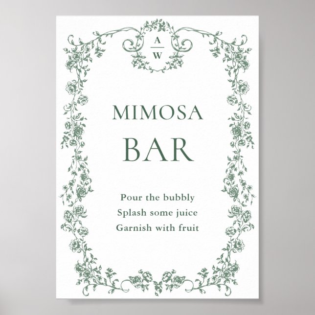 Sage Green Victorian Ornate Floral Mimosa Bar Sign (Front)