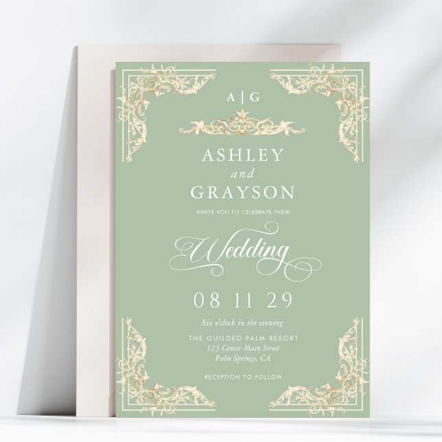 Sage Green Vintage Baroque Wedding Invitation (Creator Uploaded)
