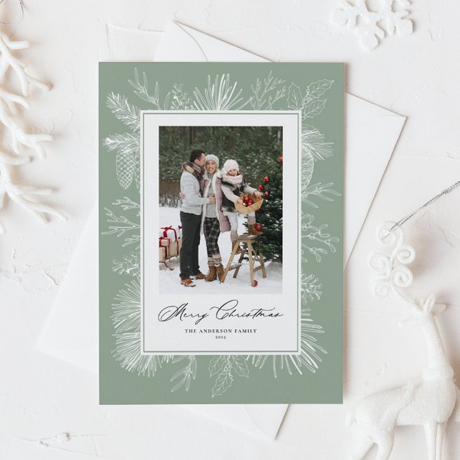 Sage Green Vintage Botanical Christmas Photo Holiday Card (Creator Uploaded)