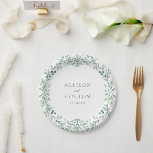 Sage Green Vintage Botanical Floral Frame Wedding Paper Plate