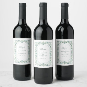 Sage Green Vintage Botanical Floral Frame Wedding Wine Label
