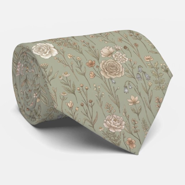 Sage Green  Vintage Botanical Meadow Pattern Tie (Rolled)