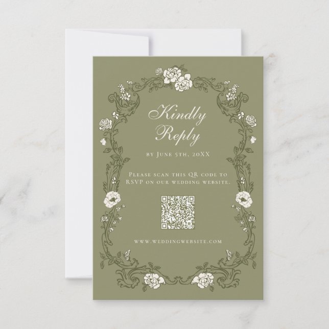 Sage Green Vintage Botanical QR Code RSVP Card (Front)