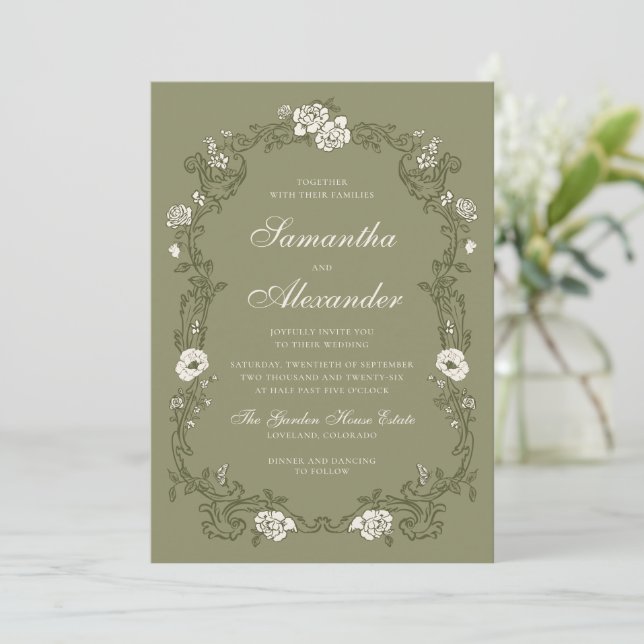 Sage Green Vintage Botanical Wedding Invitation (Standing Front)