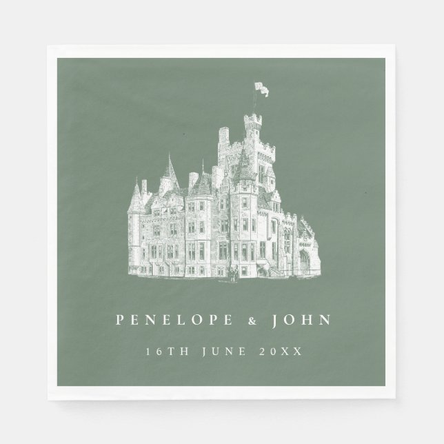 Sage Green Vintage Castle Illustration Wedding Napkin (Front)
