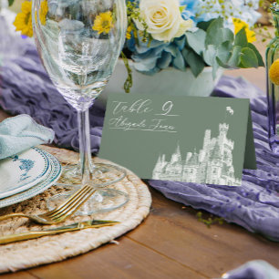 Sage Green Vintage Castle Illustration Wedding Place Card