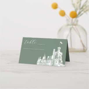 Sage Green Vintage Castle Illustration Wedding Place Card