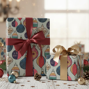 Sage Green Vintage Christmas Ornaments Pattern Wrapping Paper