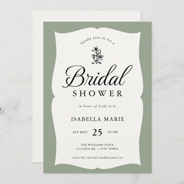 Sage Green Vintage Classic Bridal Shower Invitation (Front/Back)