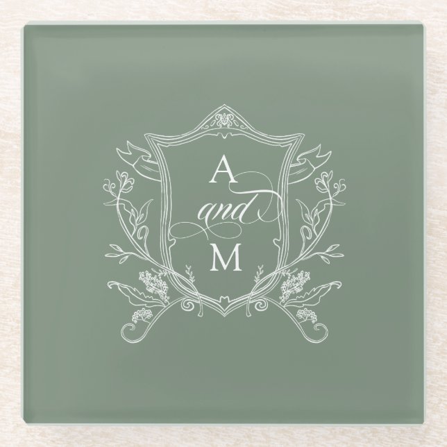 Sage Green Vintage Crest Wedding Glass Coaster (Front)