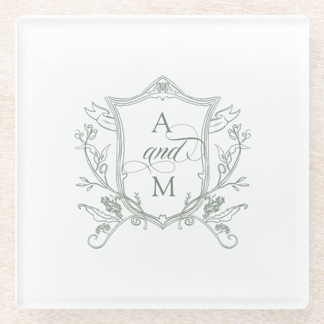 Sage Green Vintage Crest Wedding Glass Coaster (Front)