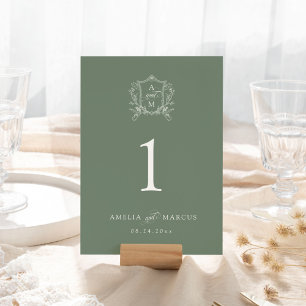 Sage Green Vintage Crest Wedding Table Number