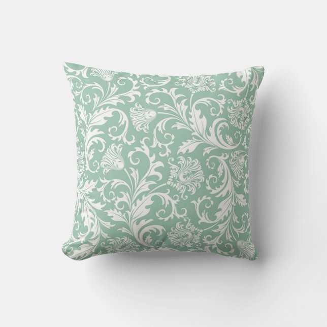 Sage Green Vintage Floral Damasks Cushion (Front)