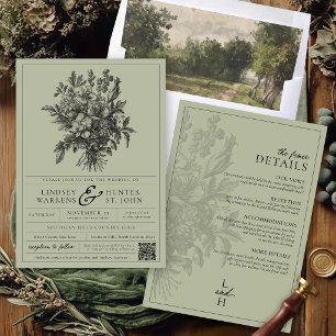 Sage Green Vintage Floral Garden Party Wedding Invitation