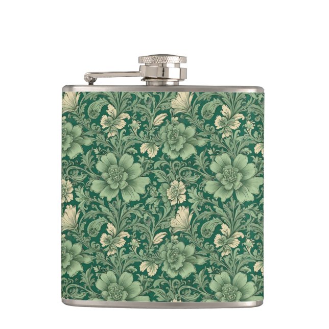 Sage Green Vintage Floral Pattern  Hip Flask (Front)