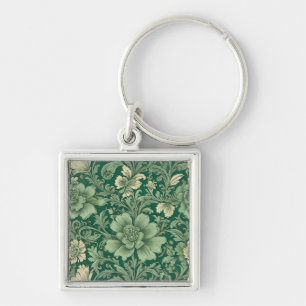 Sage Green Vintage Floral Pattern Key Ring