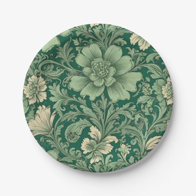Sage Green Vintage Floral Pattern  Paper Plate (Front)