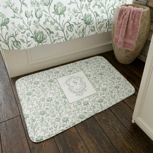 Sage Green Vintage Floral Toile Monogram Crest Bath Mat