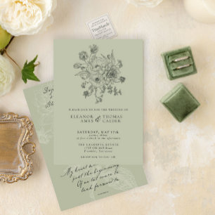 Sage Green Vintage Floral Victorian Garden Wedding Invitation