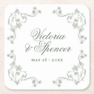  Sage Green Vintage Floral Wedding Square Paper Coaster