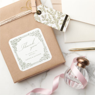 Sage Green Vintage Frame Elegant Script Thank You Square Sticker