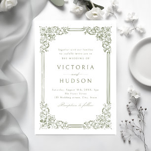 Sage Green Vintage Frame Elegant Wedding Invitation