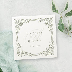 Sage Green Vintage Frame Elegant Wedding Monogram Napkin
