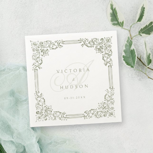 Sage Green Vintage Frame Elegant Wedding Monogram Napkin (Sage Green Vintage Frame Elegant Wedding Monogram Napkins)