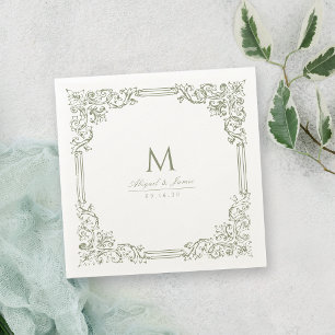 Sage Green Vintage Frame Elegant Wedding Monogram Napkin
