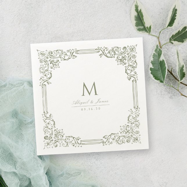 Sage Green Vintage Frame Elegant Wedding Monogram Napkin (Sage Green Vintage Frame Elegant Wedding Monogram Napkins)