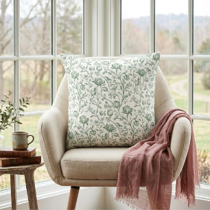 Sage Green Vintage Garden French Floral Toile Cushion