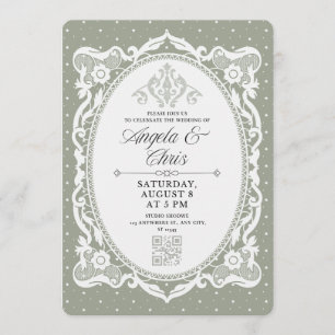 Sage Green Vintage Lace Wedding Invitation QR RSVP
