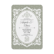 Sage Green Vintage Lace Wedding Invitation QR RSVP