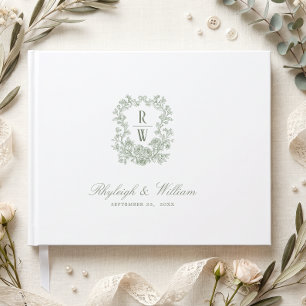 Sage Green Vintage Monogram Crest Wedding Guest Book