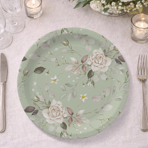 Sage Green Vintage Rose Floral Dinner Paper Plate