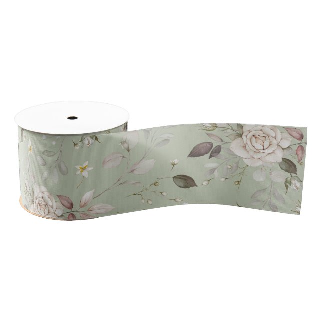Sage Green Vintage Rose Floral  Grosgrain Ribbon (Spool)