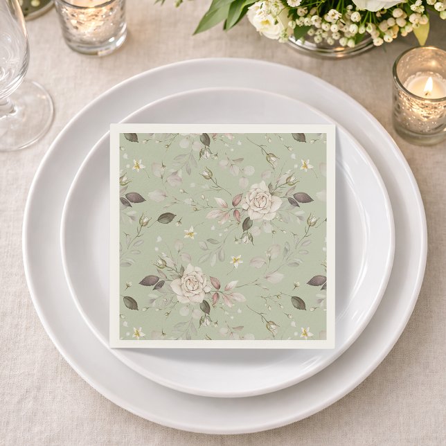 Sage Green Vintage Rose Floral Napkin (Creator Uploaded)