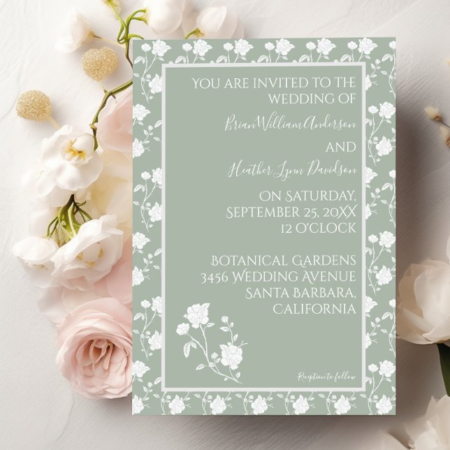 Sage Green Vintage Rose Wedding Invitation (Sage Green Rose Wedding Invitation)