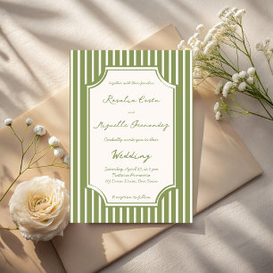 Sage green vintage stripes wedding invitation