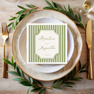 Sage green vintage stripes wedding personalised napkin