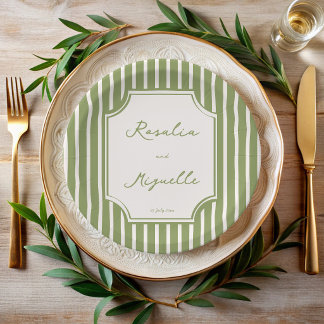 Sage green vintage stripes wedding personalised paper plate
